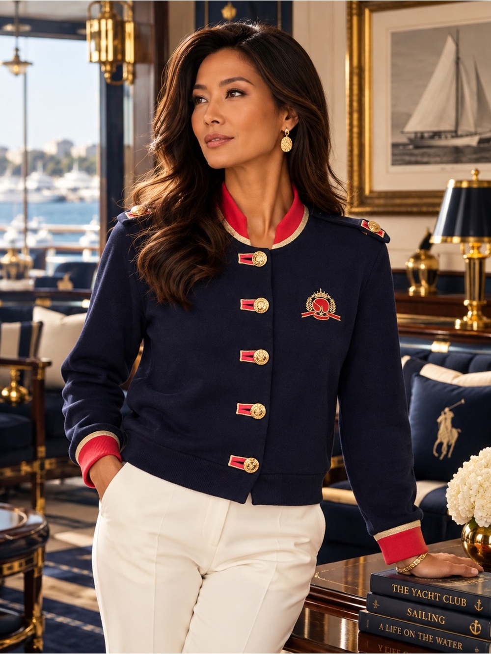 St. John Sport Navy, Red & Gold Military-Inspired Knit Jacket – Size Medium - Picture 6 of 10